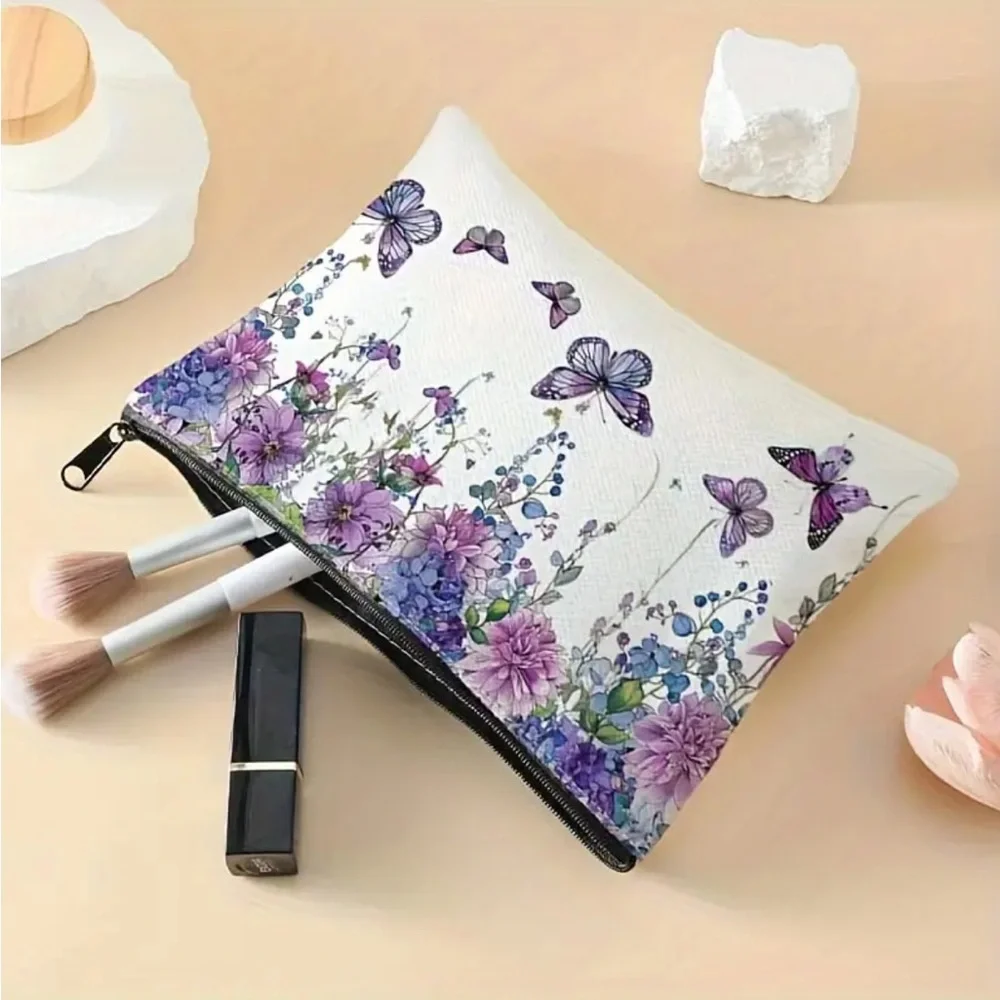Floral Butterfly Print Makeup Pouch - White and Purple Cosmetic Bag - Picture 2 of 4